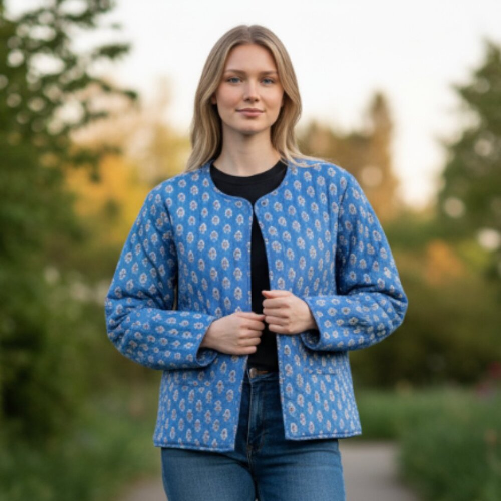 NWOT Japna Blue Floral Quilted Jacket Blue Small